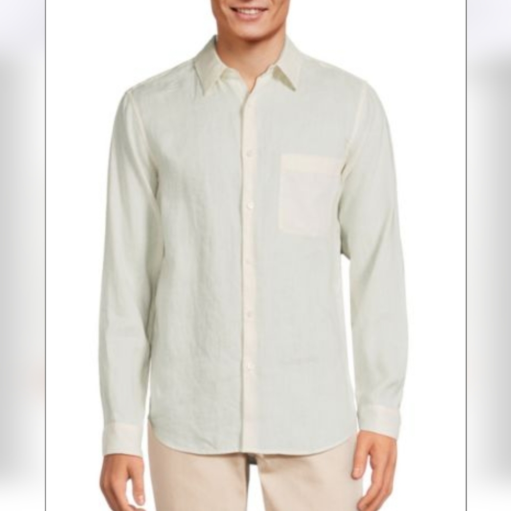 THEORY Linen Irving Ivory Chest Pocket Shirt Sz M $225